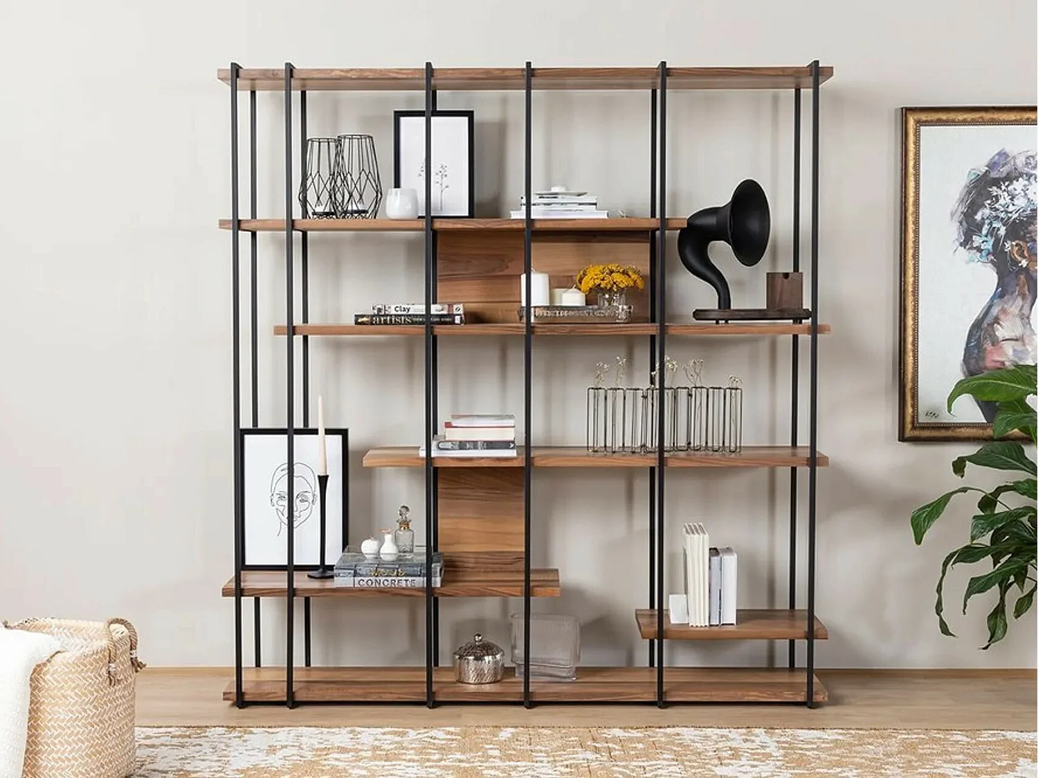 Bibliothèque en noyer – 170 x 180 x 35 cm – noyer – aggloméré mélaminé