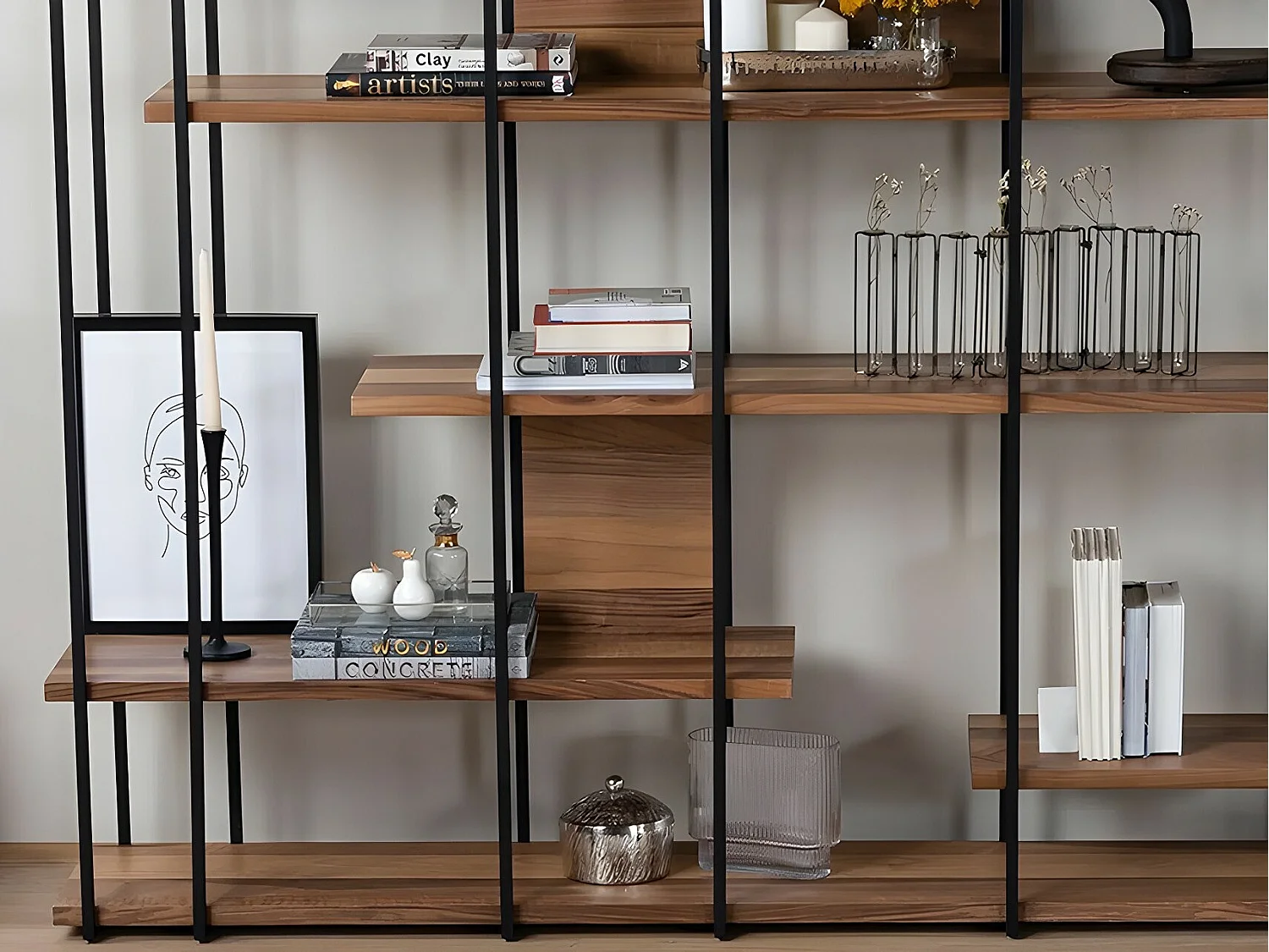 Bibliothèque en noyer – 170 x 180 x 35 cm – noyer – aggloméré mélaminé
