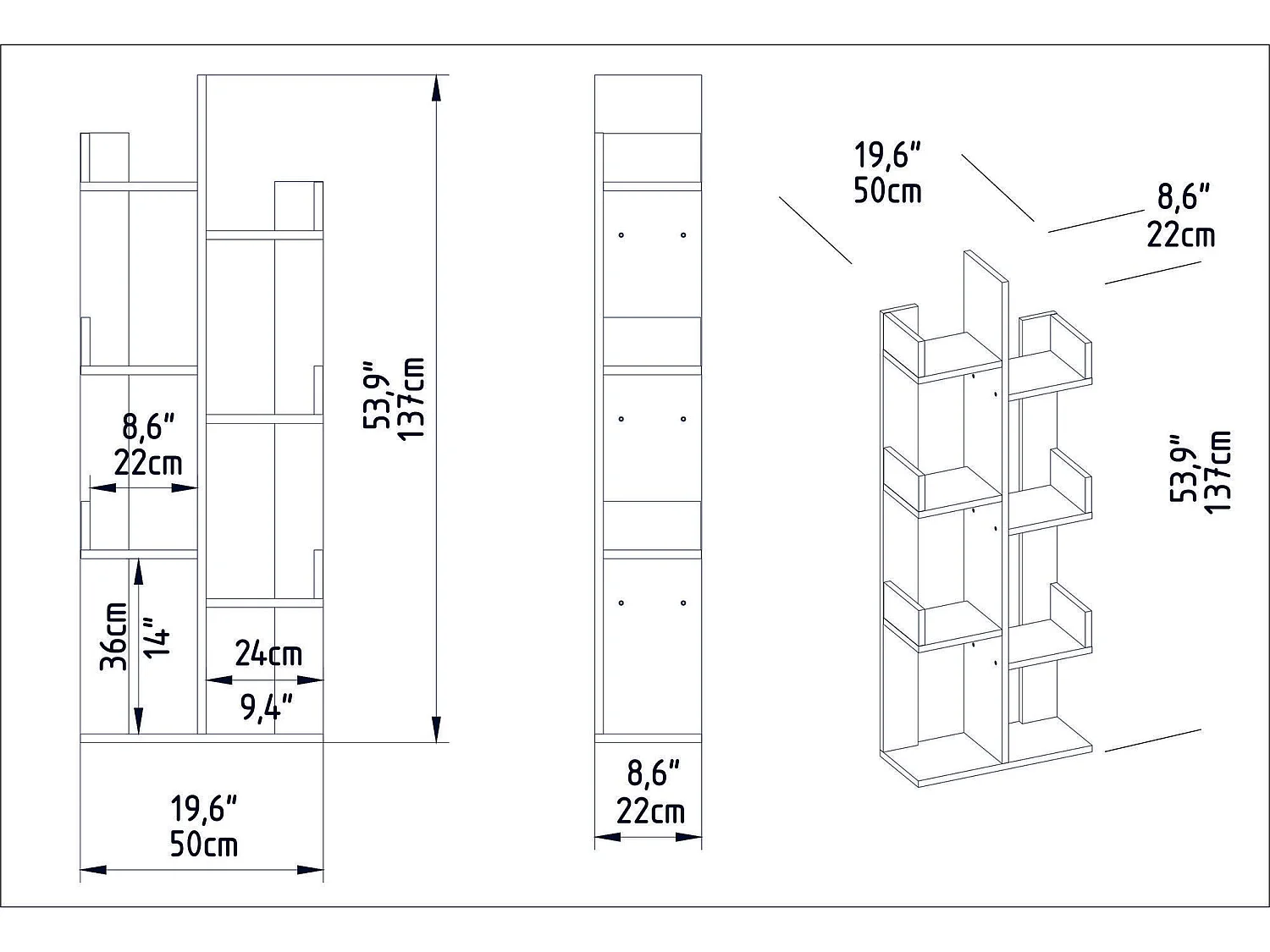 Moderne Oud Eiken Boekenkast, 50 x 22 x 173 cm | 100% melamine gecoate spaanplaat, 18 mm dik | Stijlvolle en functionele opbergruimte voor t