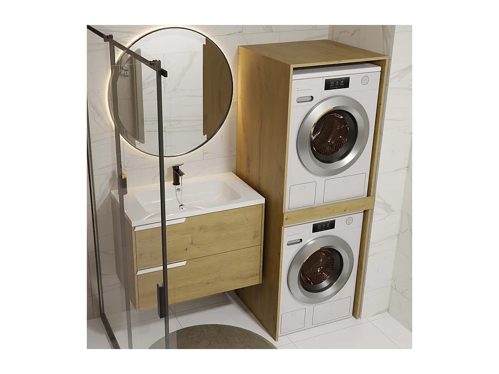 POLA TWIN - Armoire de salle de bain pour lave-linge et sèche-linge avec colonne étagère - Chêne