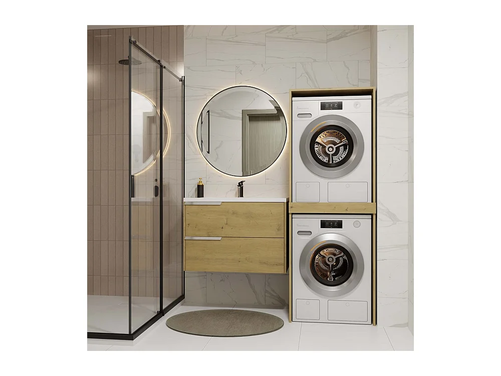 POLA TWIN - Armoire de salle de bain pour lave-linge et sèche-linge avec colonne étagère - Chêne