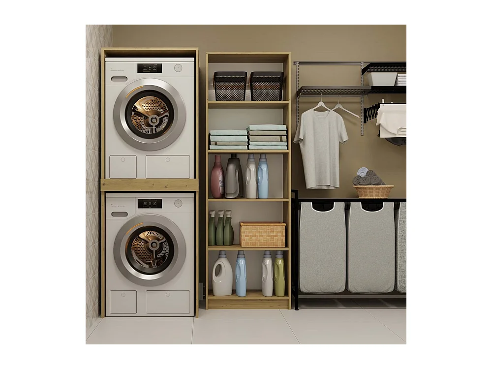 POLA TWIN - Armoire de salle de bain pour lave-linge et sèche-linge avec colonne étagère - Chêne