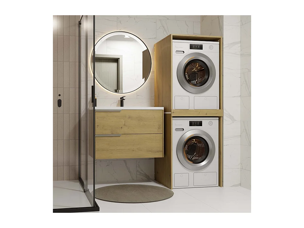 POLA TWIN - Armoire de salle de bain pour lave-linge et sèche-linge avec colonne étagère - Chêne