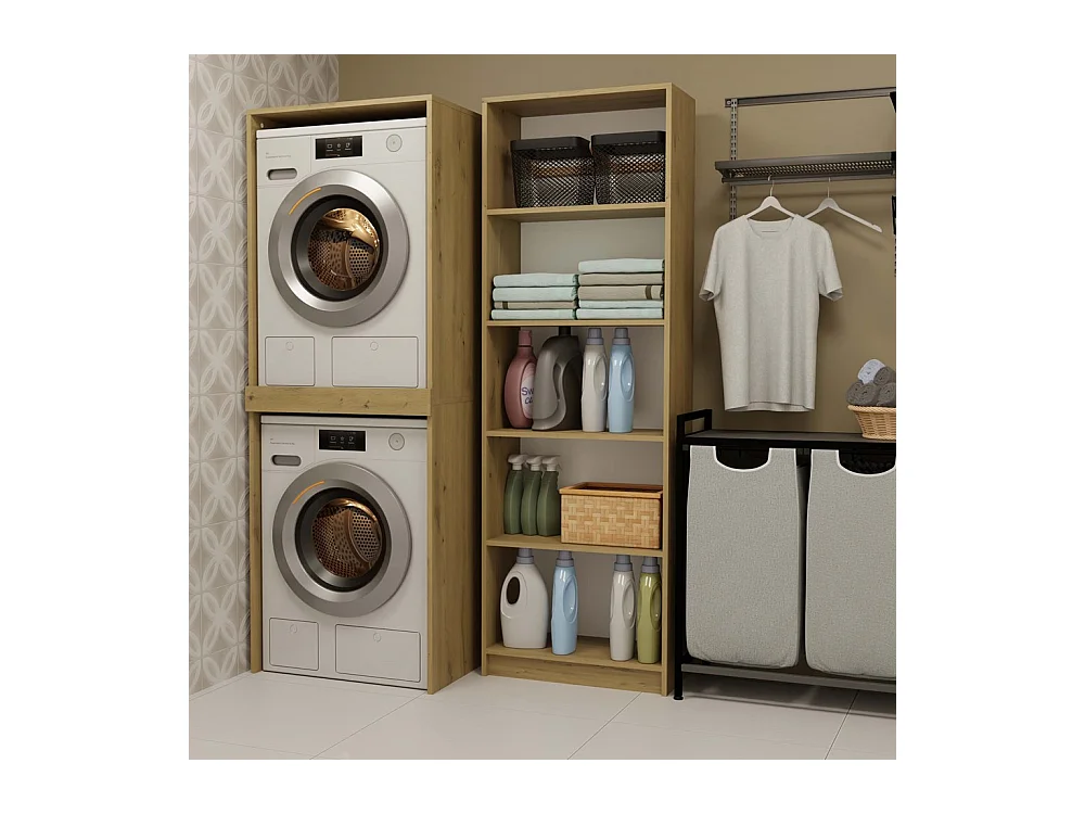 POLA TWIN - Armoire de salle de bain pour lave-linge et sèche-linge avec colonne étagère - Chêne