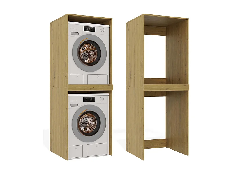 POLA TWIN - Mobile da bagno per lavatrice e asciugatrice con colonna a scaffali - Rovere