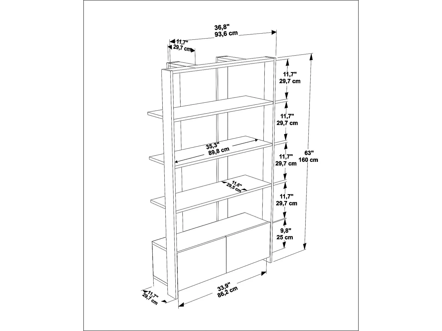 Elegancki biały regał, 37" x 12" x 63" | Wykonany w 100% z płyty wiórowej pokrytej melaminą, o grubości 18 mm | Idealny do przechowywania w