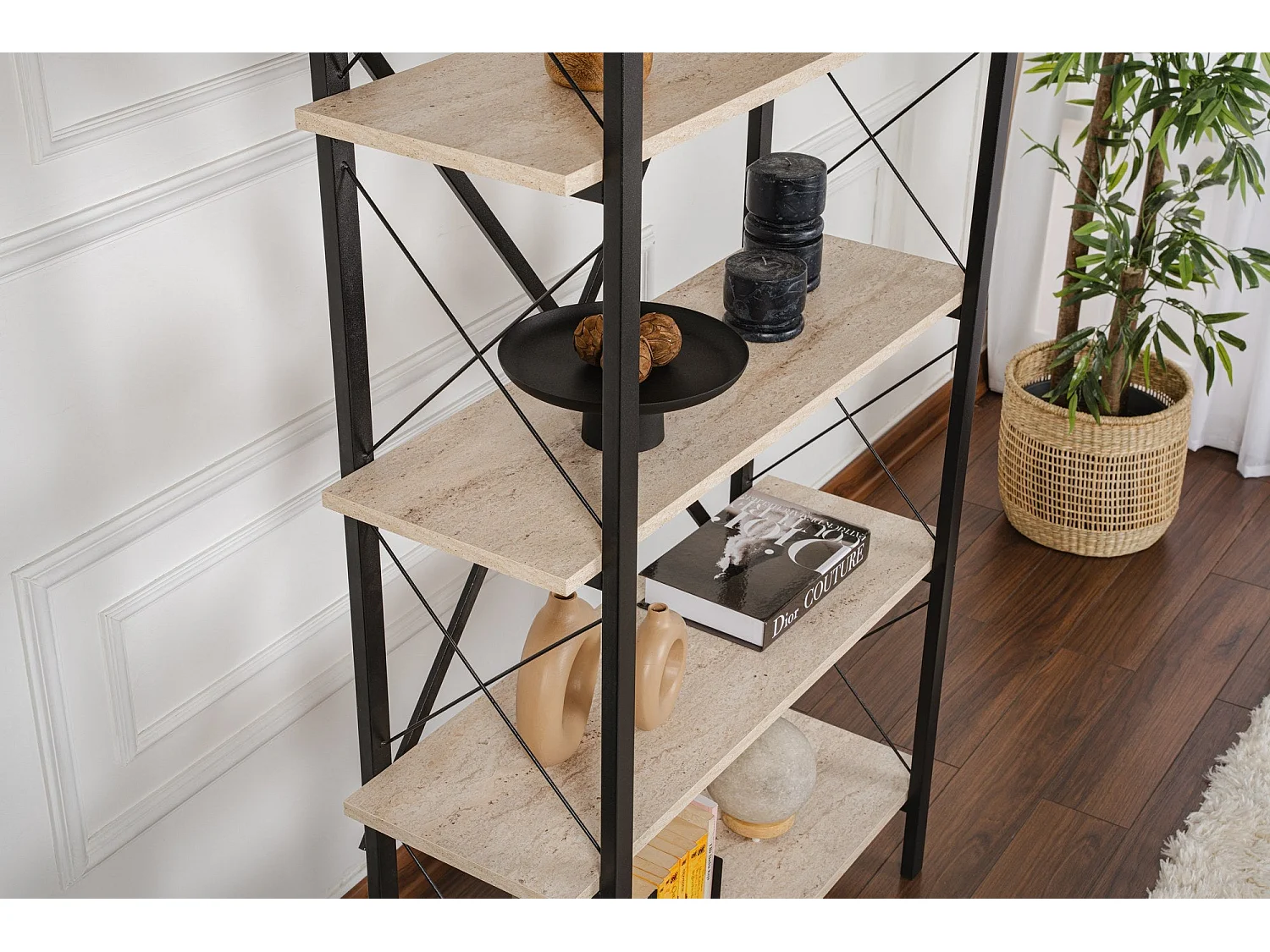 Estante Elysian de Travertino e Preto, Design Industrial Moderno, 90x34x180 cm