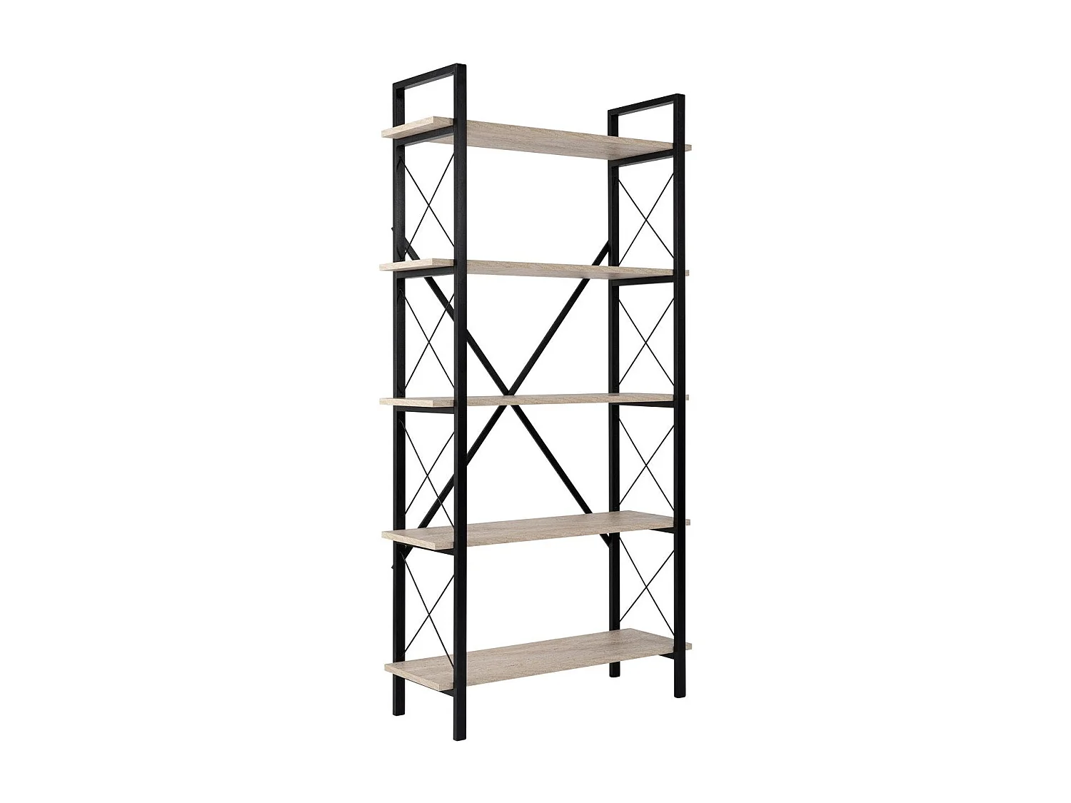 Elegantes Regal mit Metallrahmen, 90 x 180 x 33,5 cm | 100 % melaminbeschichtete Spanplatte, wandmontierbar, Travertin und Schwarz | Perfekt