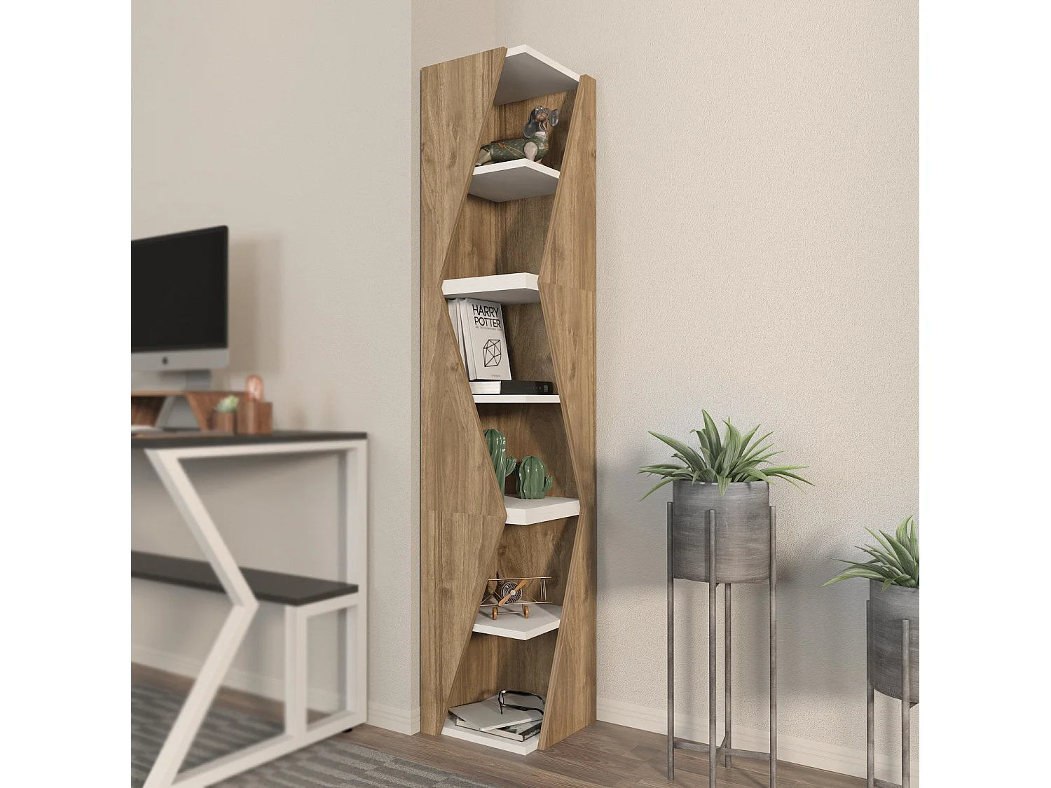 Étagère élégante en noyer et blanc, hauteur 165 cm, largeur 31,8 cm | Panneau de particules 100 % mélaminé, épaisseur 18 mm | Rangement élég