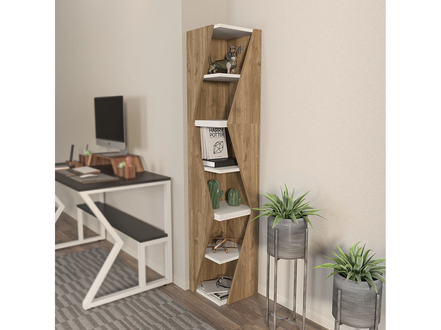 Étagère élégante en noyer et blanc, hauteur 165 cm, largeur 31,8 cm | Panneau de particules 100 % mélaminé, épaisseur 18 mm | Rangement élég