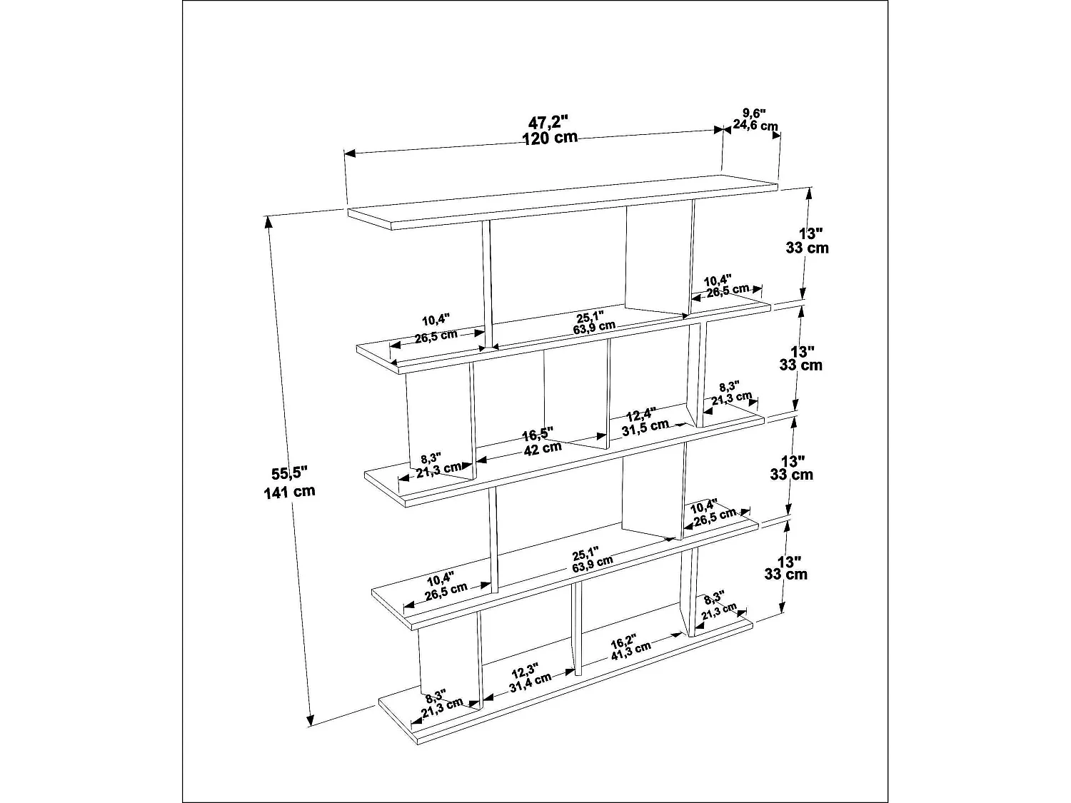 Étagère blanche élégante, 120 cm x 141 cm x 24,6 cm | Panneau de particules 100 % mélaminé, épaisseur 18 mm | Idéal pour le rangement modern