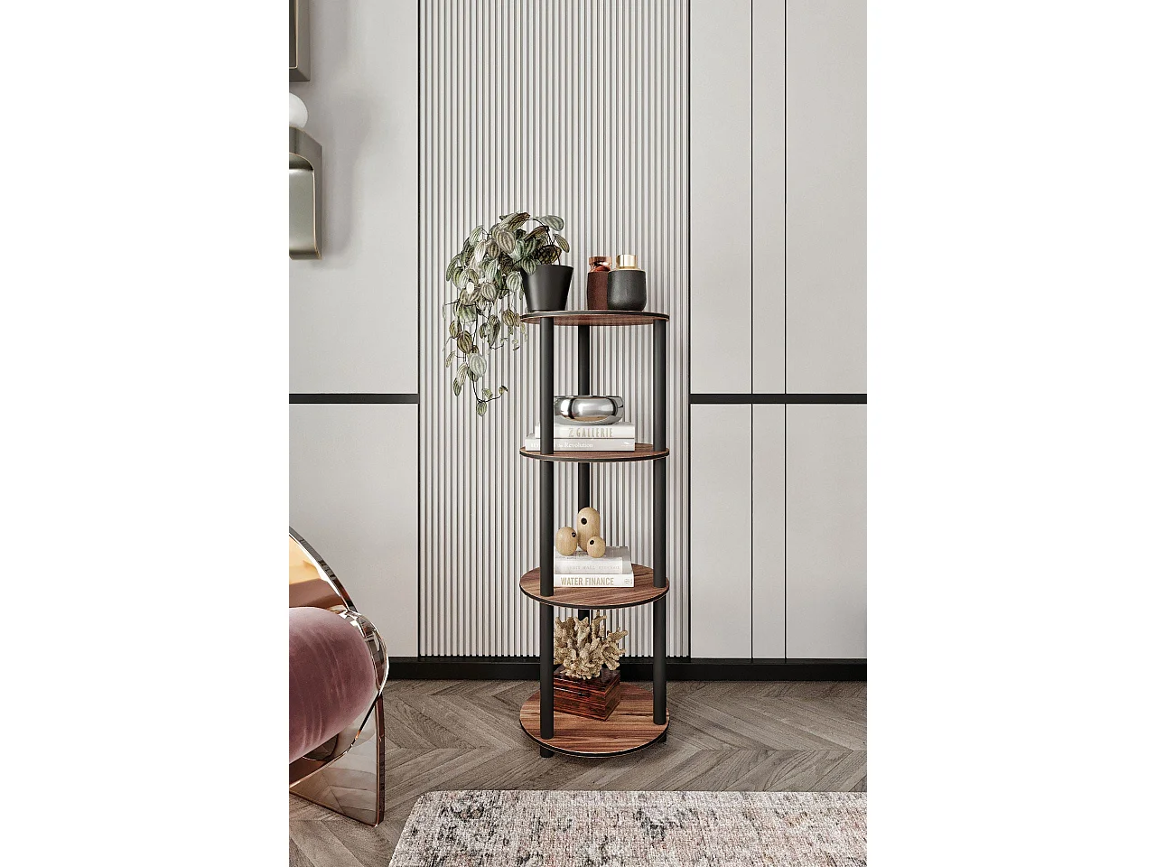 Rundes Regal mit 4 Ebenen aus Walnussholz – Hochwertiges modernes Design