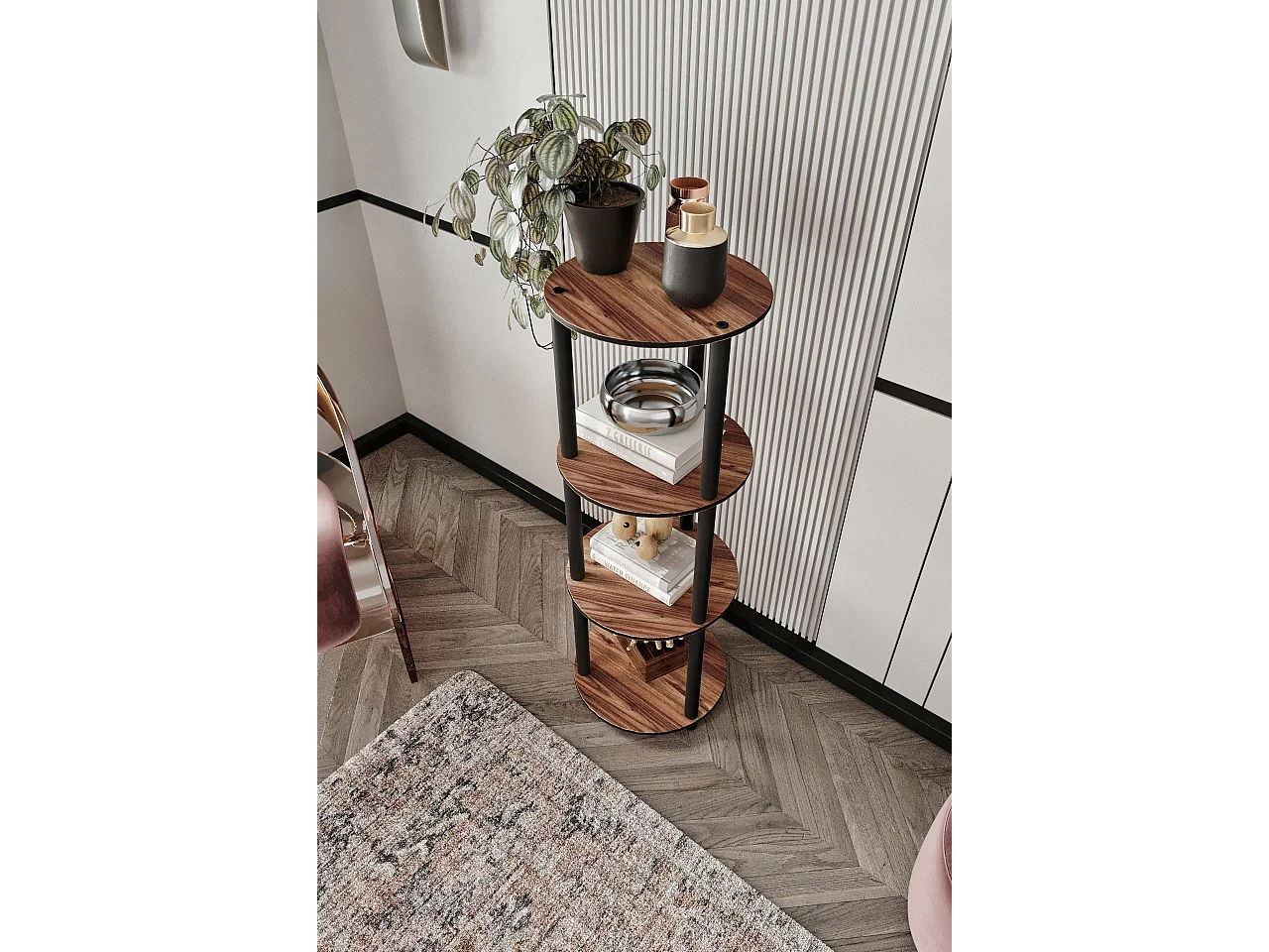 Rundes Regal mit 4 Ebenen aus Walnussholz – Hochwertiges modernes Design