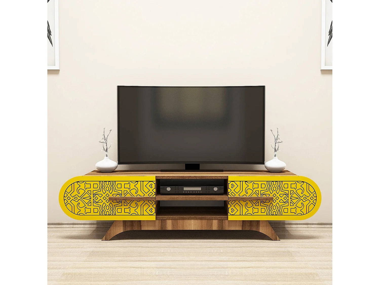 TV-meubel – 145 x 37 x 37 cm – Notenhout en Geel – Melamine gecoate spaanplaat