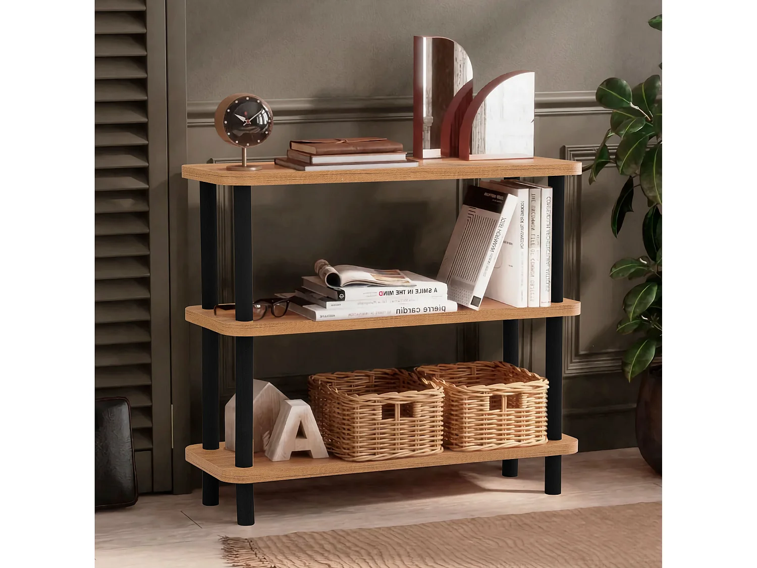 Étagère – 80 cm x 75 cm x 28 cm – Noir et pin atlantique – Panneau de particules mélaminé