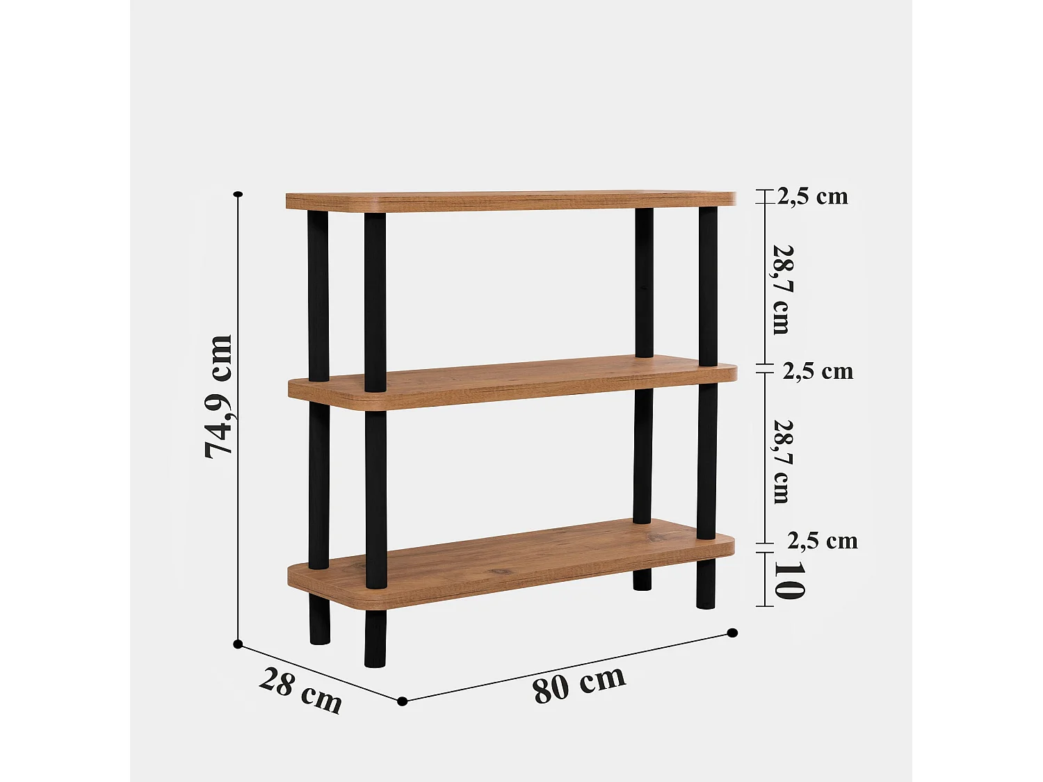 Étagère – 80 cm x 75 cm x 28 cm – Noir et pin atlantique – Panneau de particules mélaminé