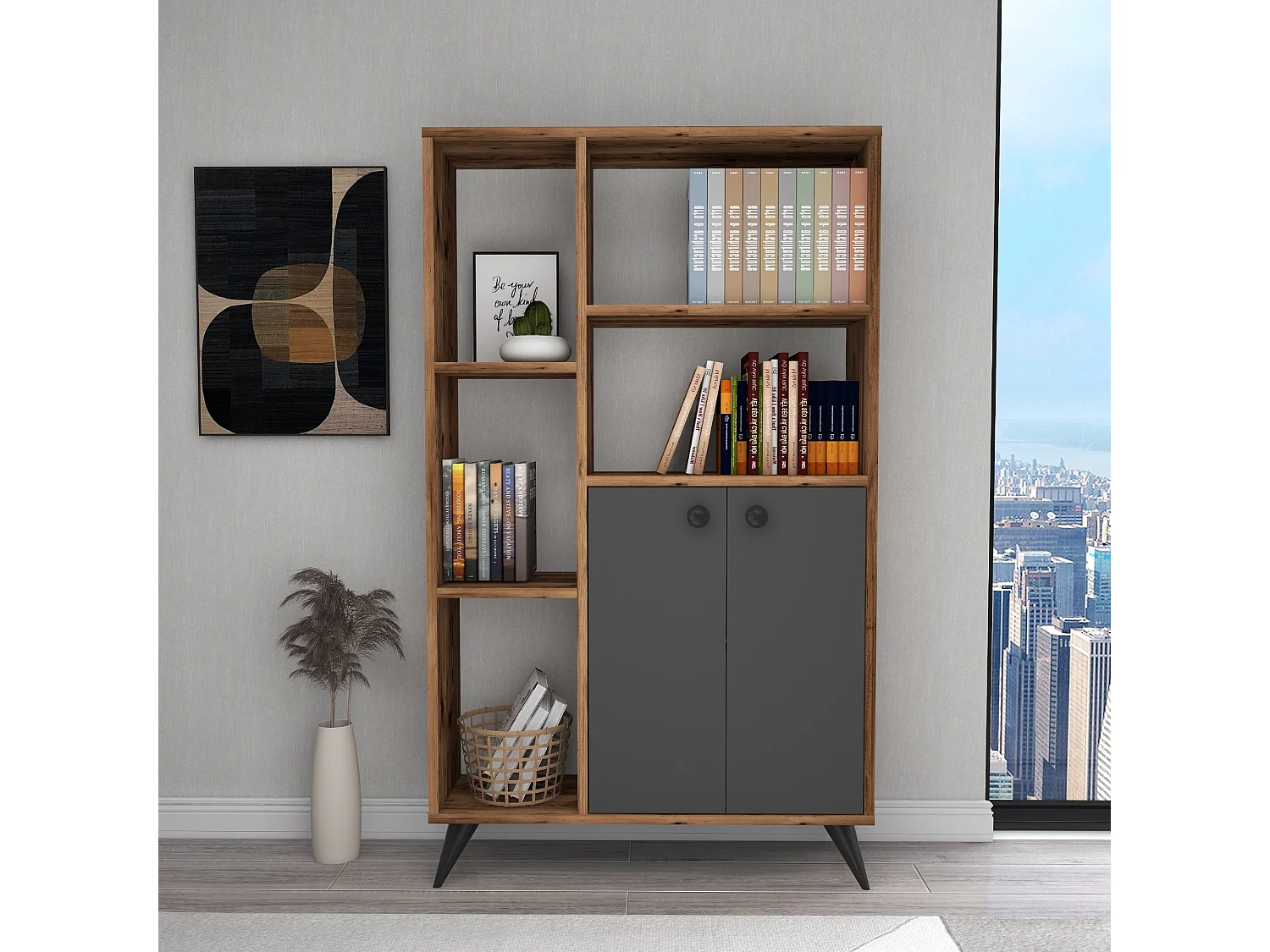 Étagère – 135,6 cm x 80 cm x 25 cm – Noyer clair et anthracite – Panneau de particules mélaminé