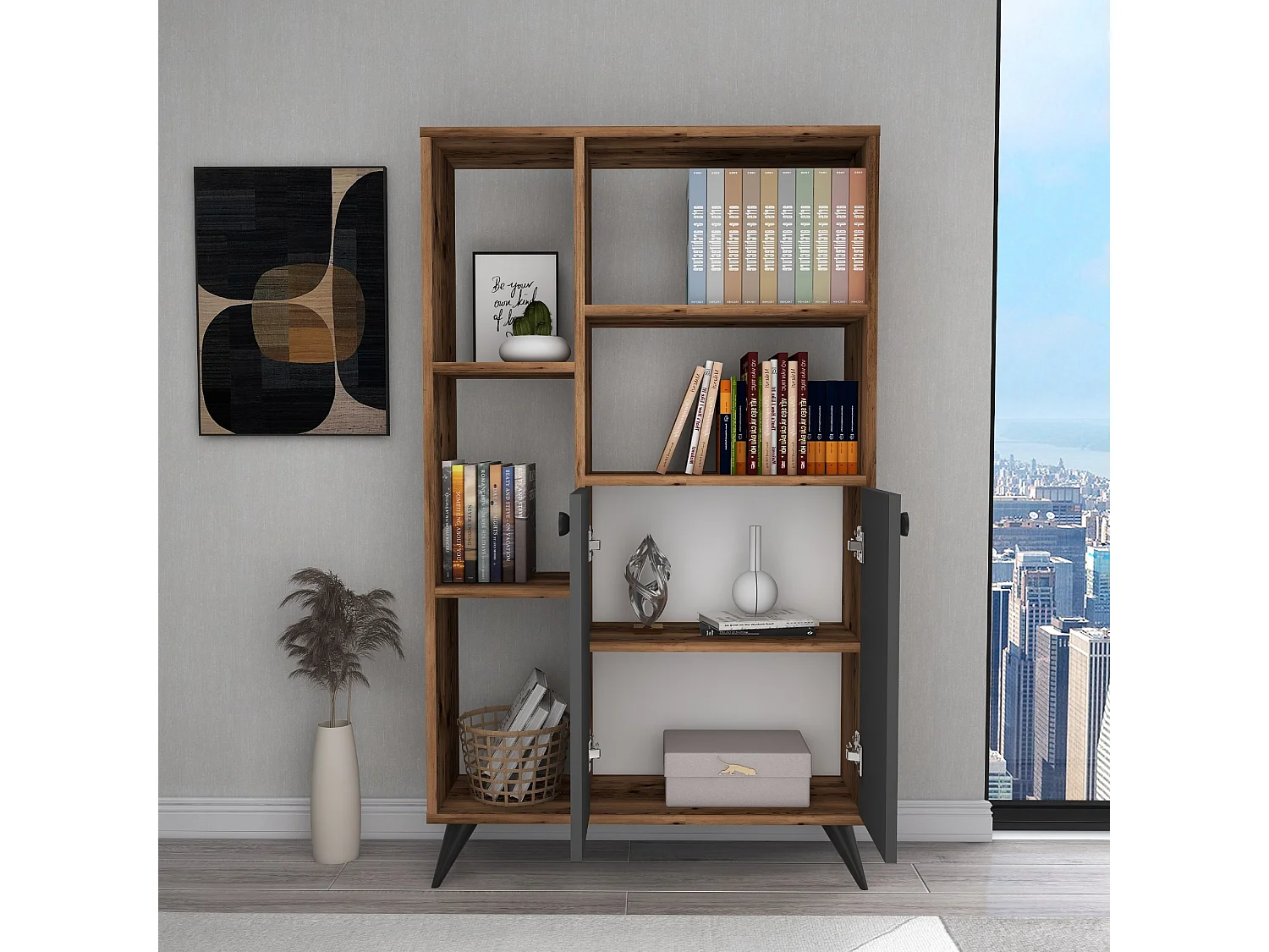 Étagère – 135,6 cm x 80 cm x 25 cm – Noyer clair et anthracite – Panneau de particules mélaminé