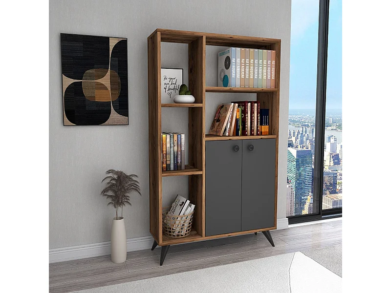 Plank – 135,6 cm x 80 cm x 25 cm – Licht notenhout en antraciet – Melamine gecoate spaanplaat