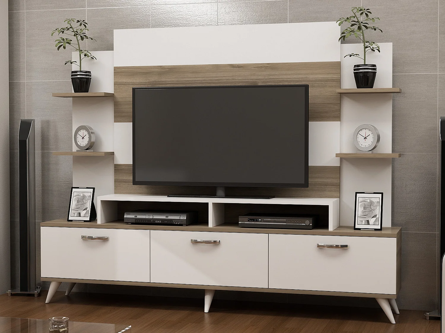 Moderne tv-standaard – 180 x 143 x 30 cm – Wit en walnoot – Melamine gecoate spaanplaat