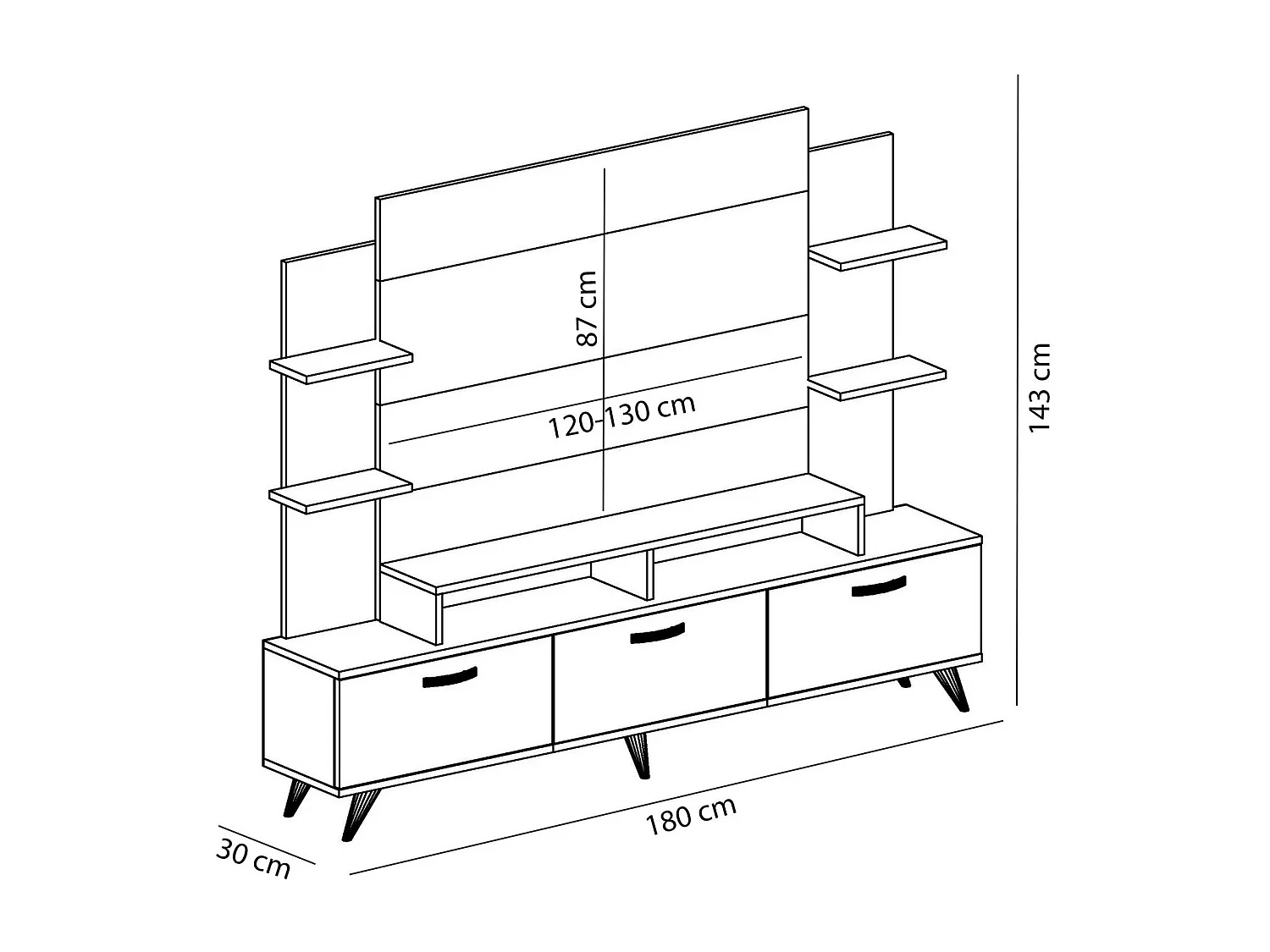 Moderne tv-standaard – 180 x 143 x 30 cm – Wit en walnoot – Melamine gecoate spaanplaat