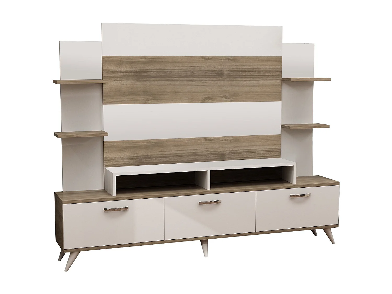 Moderne tv-standaard – 180 x 143 x 30 cm – Wit en walnoot – Melamine gecoate spaanplaat