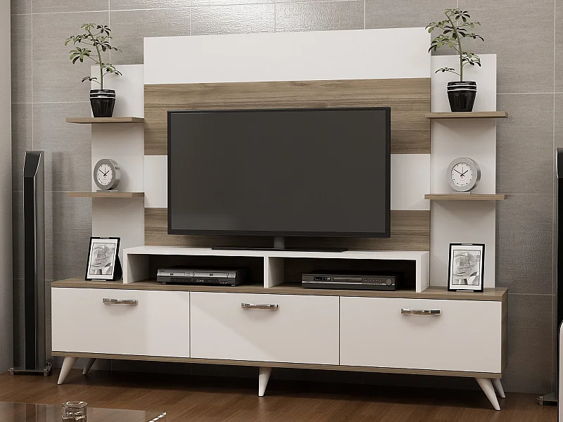 Moderne tv-standaard – 180 x 143 x 30 cm – Wit en walnoot – Melamine gecoate spaanplaat