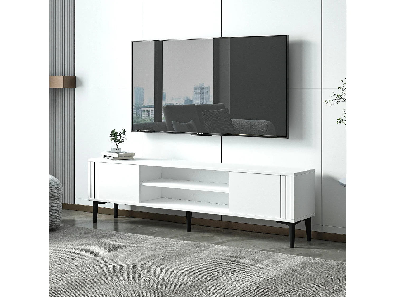 Meuble TV – 140 cm x 44,6 cm x 29,6 cm – Blanc – Panneau de particules mélaminé