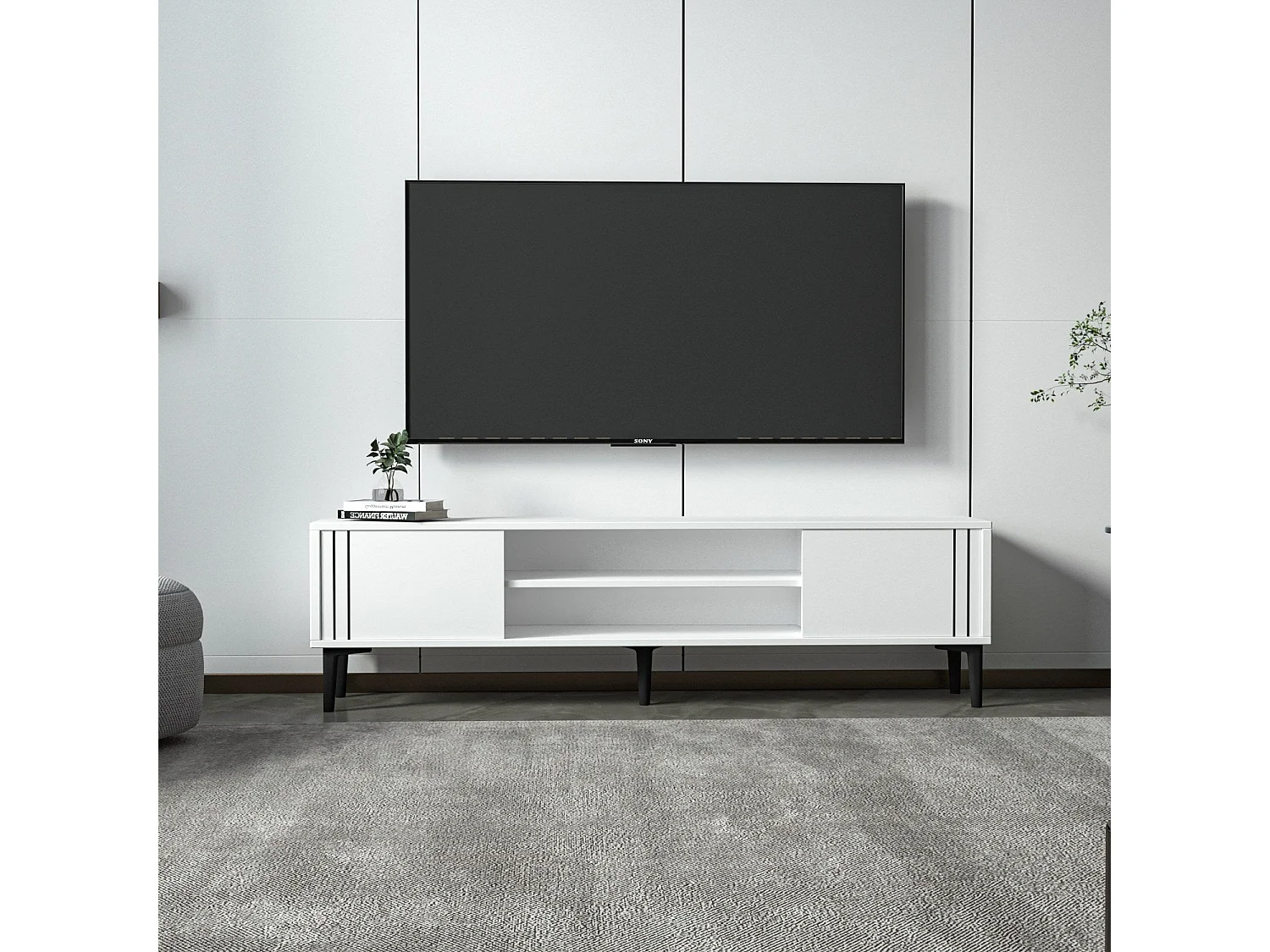 Meuble TV – 140 cm x 44,6 cm x 29,6 cm – Blanc – Panneau de particules mélaminé