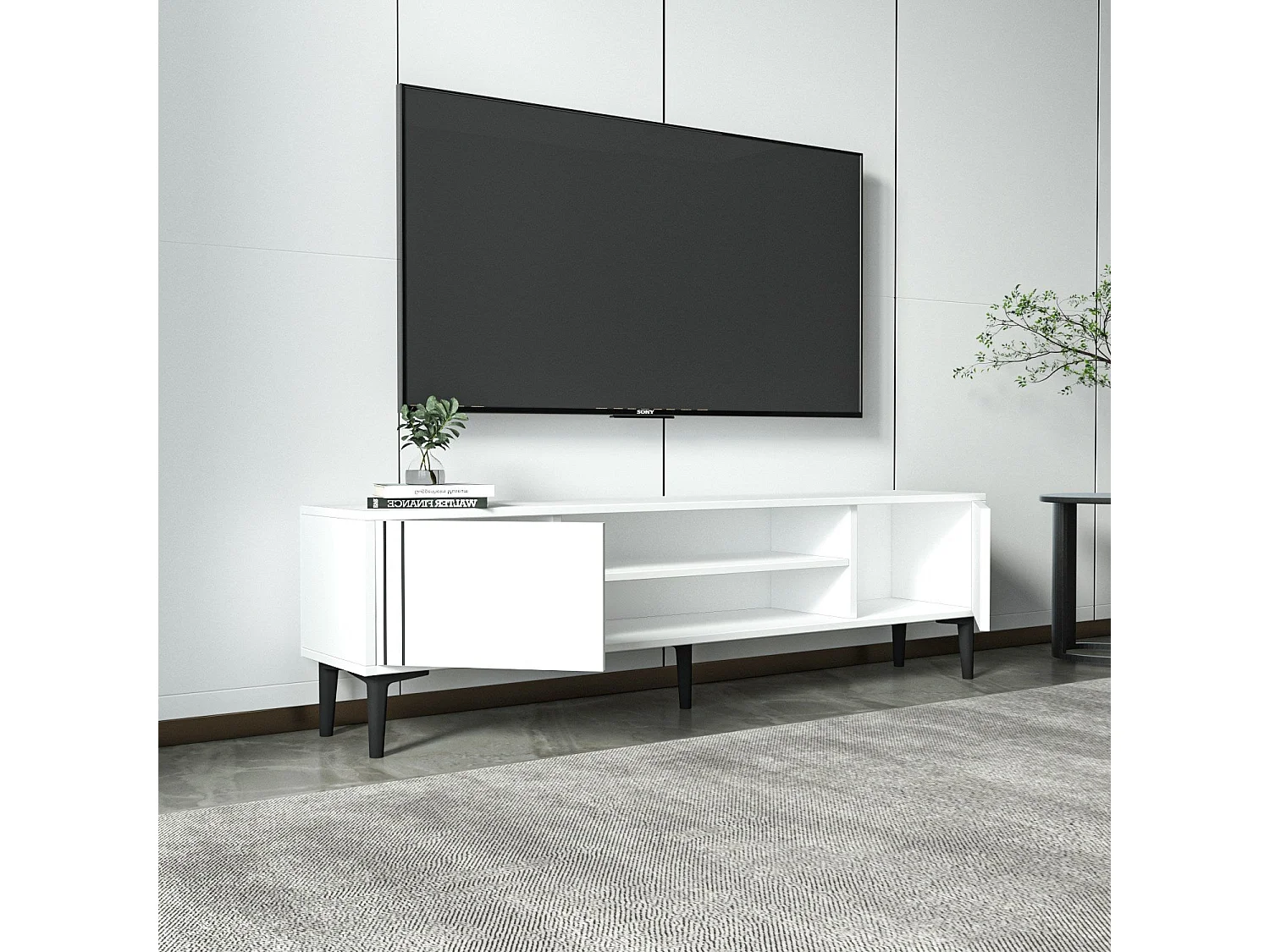 Meuble TV – 140 cm x 44,6 cm x 29,6 cm – Blanc – Panneau de particules mélaminé