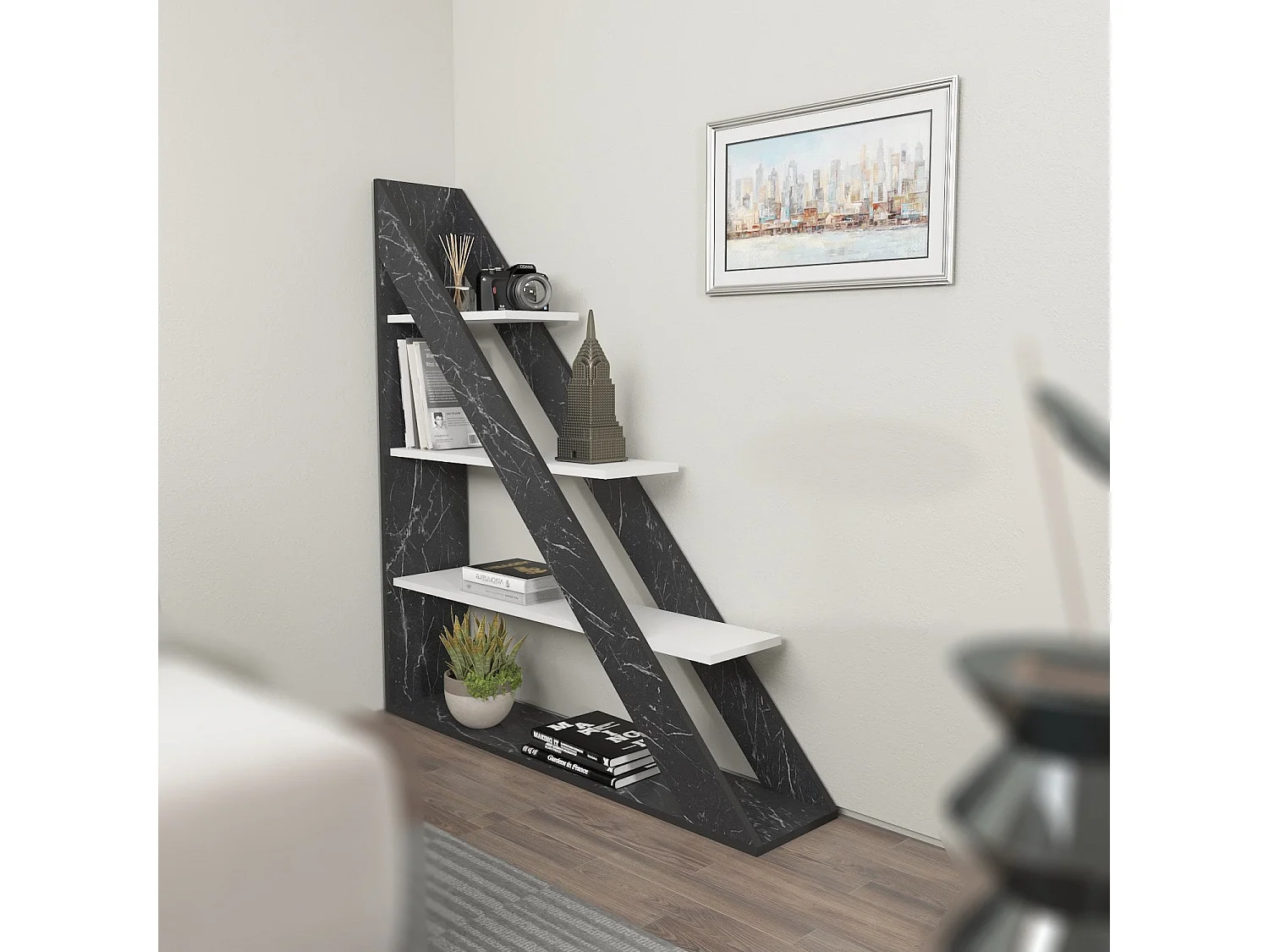 Elegantes Regal in Marmor und Weiß, 120 cm x 131,8 cm x 25 cm | 100 % melaminbeschichtete Spanplatte, 18 mm dick | Stilvolle Aufbewahrung fü