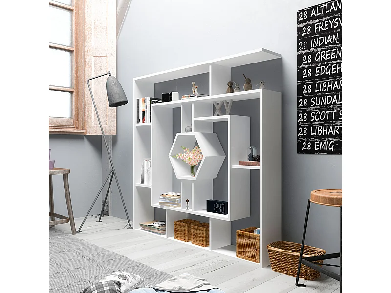 Modernes weißes Regal, 134 x 134 x 22 cm | 100 % melaminbeschichtete Spanplatte, 18 mm dick | Stilvolle, wandmontierbare Aufbewahrungslösung