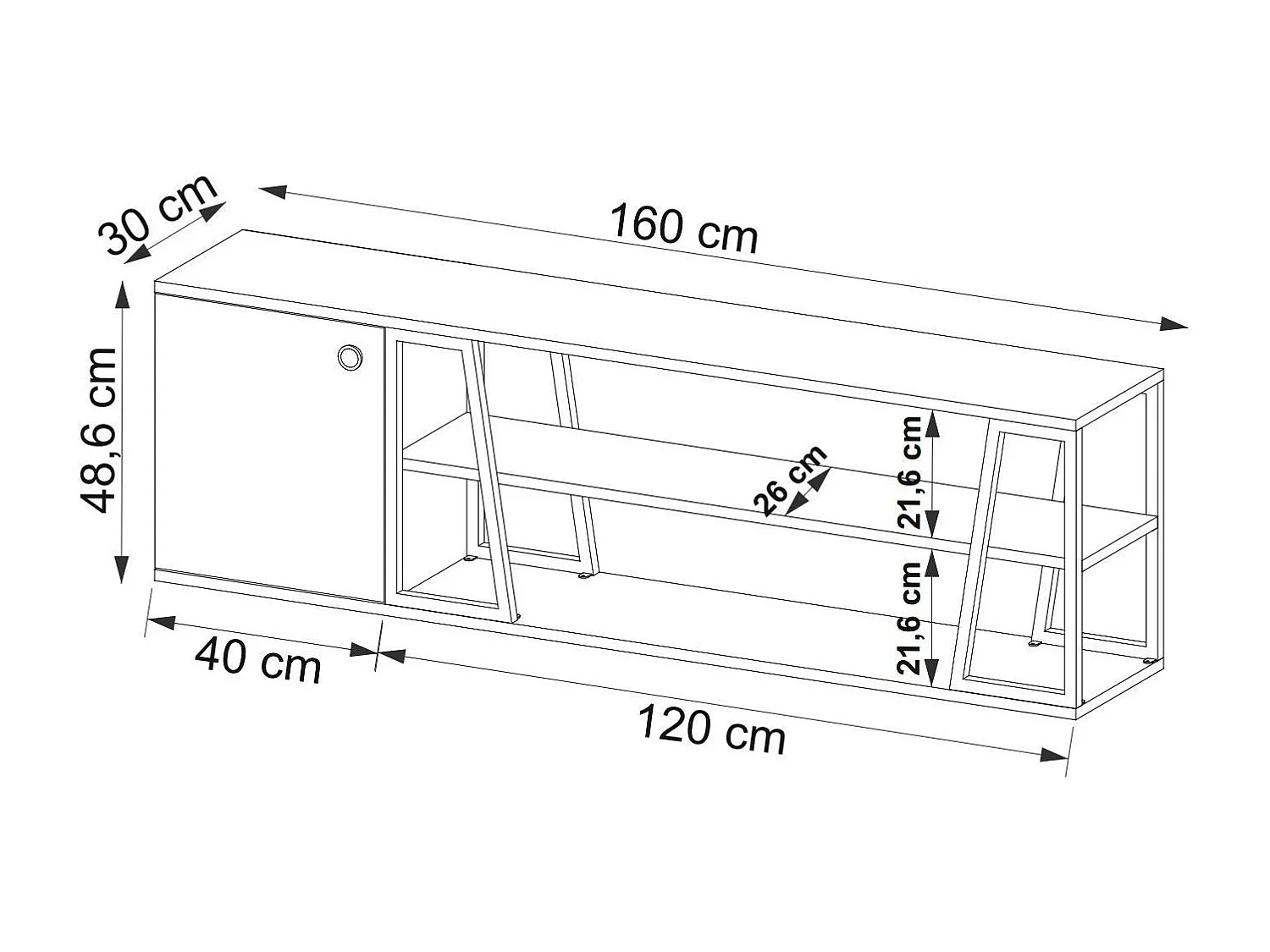 TV-Ständer – 160 cm x 30 cm x 48,6 cm – Schwarz und Saphir – Melaminbeschichtete Spanplatte