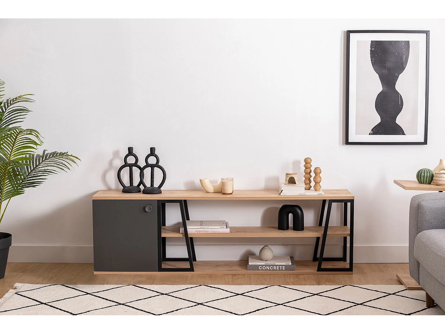 TV-Ständer – 160 cm x 30 cm x 48,6 cm – Schwarz und Saphir – Melaminbeschichtete Spanplatte