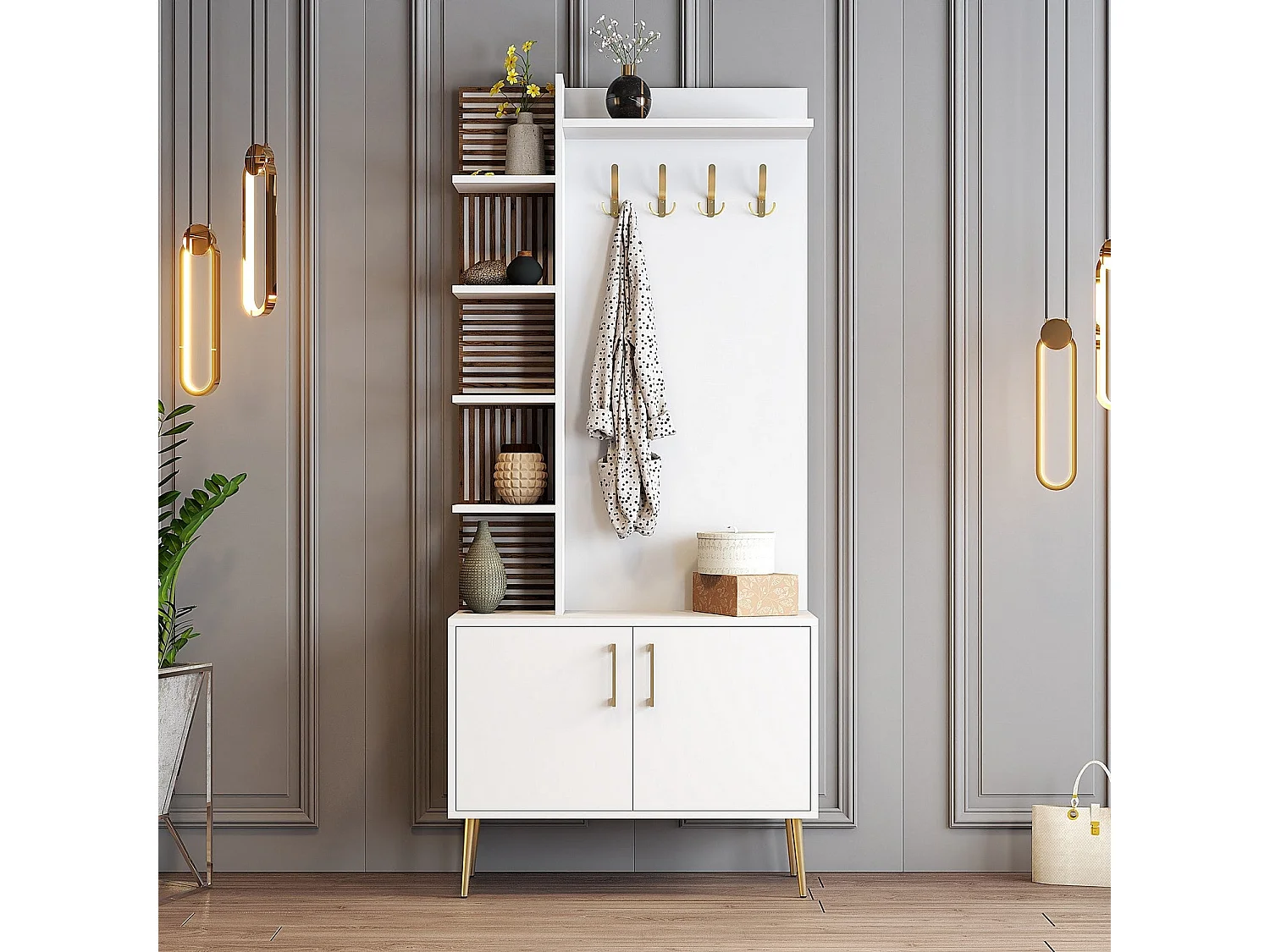 Flurregal – 90 x 35 x 202 cm – Weiß und Gold – Spanplatte