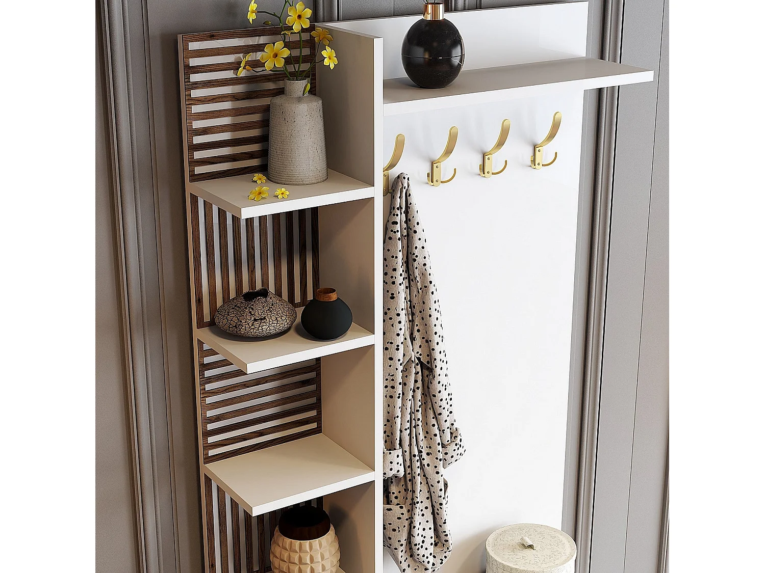 Flurregal – 90 x 35 x 202 cm – Weiß und Gold – Spanplatte