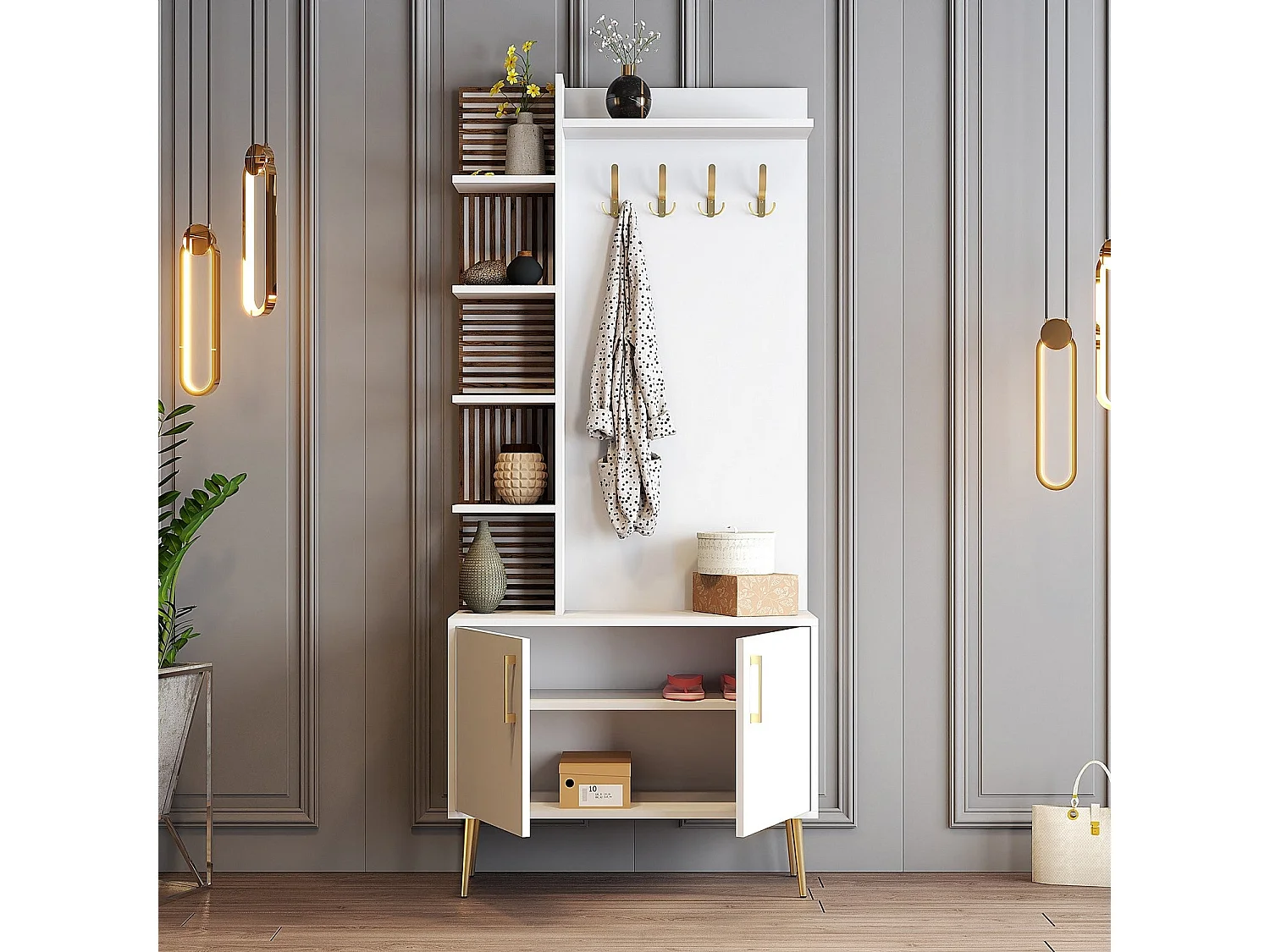 Flurregal – 90 x 35 x 202 cm – Weiß und Gold – Spanplatte