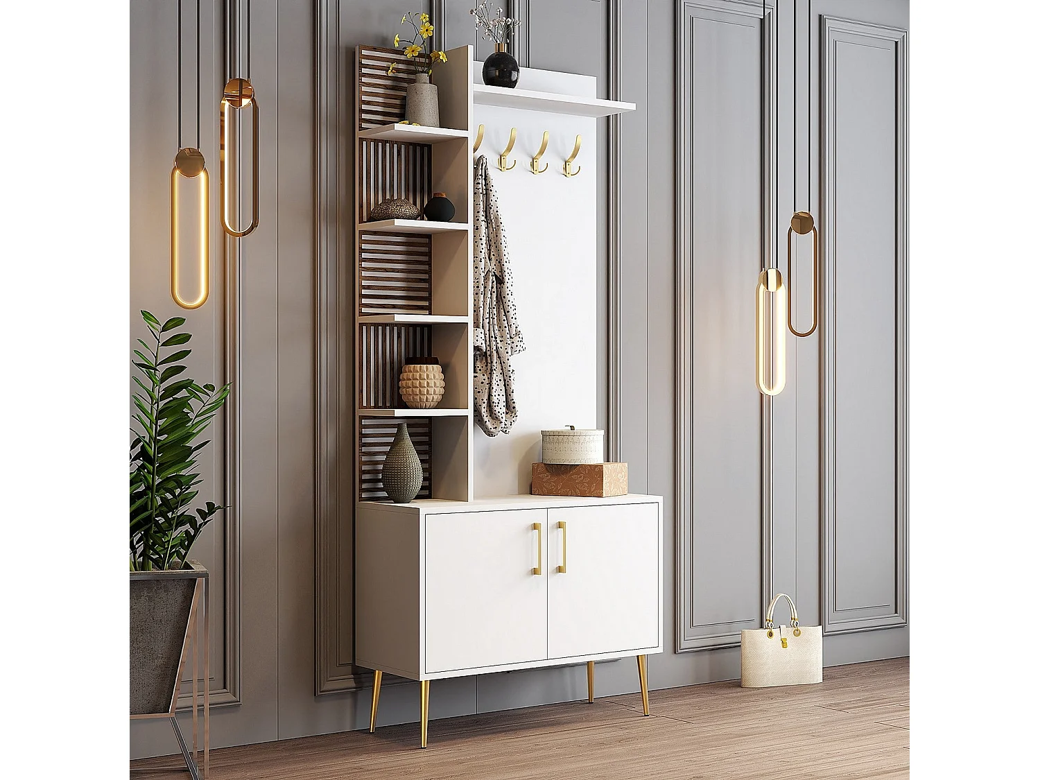 Flurregal – 90 x 35 x 202 cm – Weiß und Gold – Spanplatte