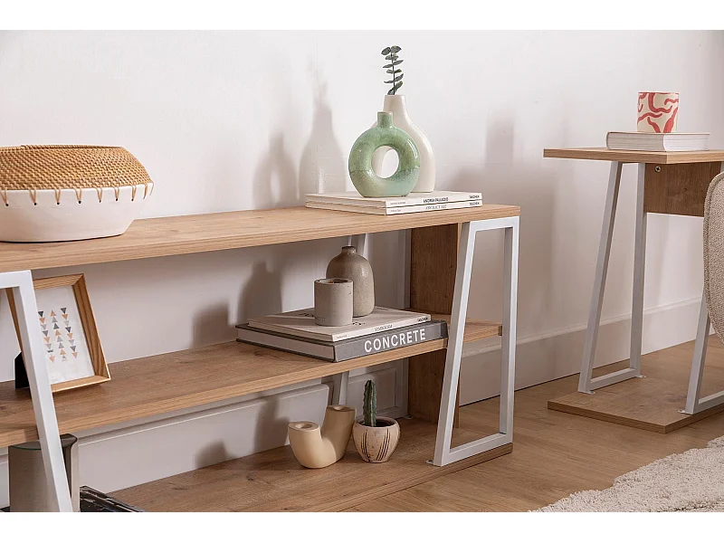 Meuble TV – 123,6 cm x 30 cm x 48,6 cm – Saphir et blanc – Métal et panneaux de particules