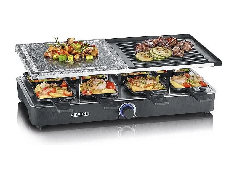 RacletteGrill – 8 Personen – natürlicher Kochstein und umkehrbare Antihaftplatte – einstellbarer Thermostat
