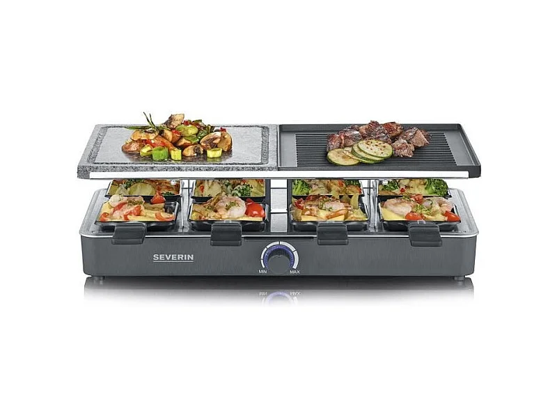 RacletteGrill – 8 Personen – natürlicher Kochstein und umkehrbare Antihaftplatte – einstellbarer Thermostat