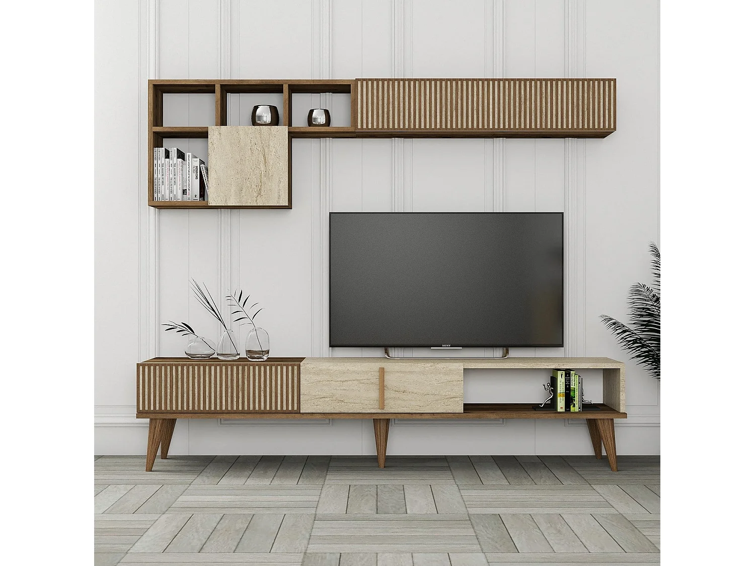 Meuble TV avec étagère murale – 180 cm – Noyer et Travertin – Panneau de particules mélaminé