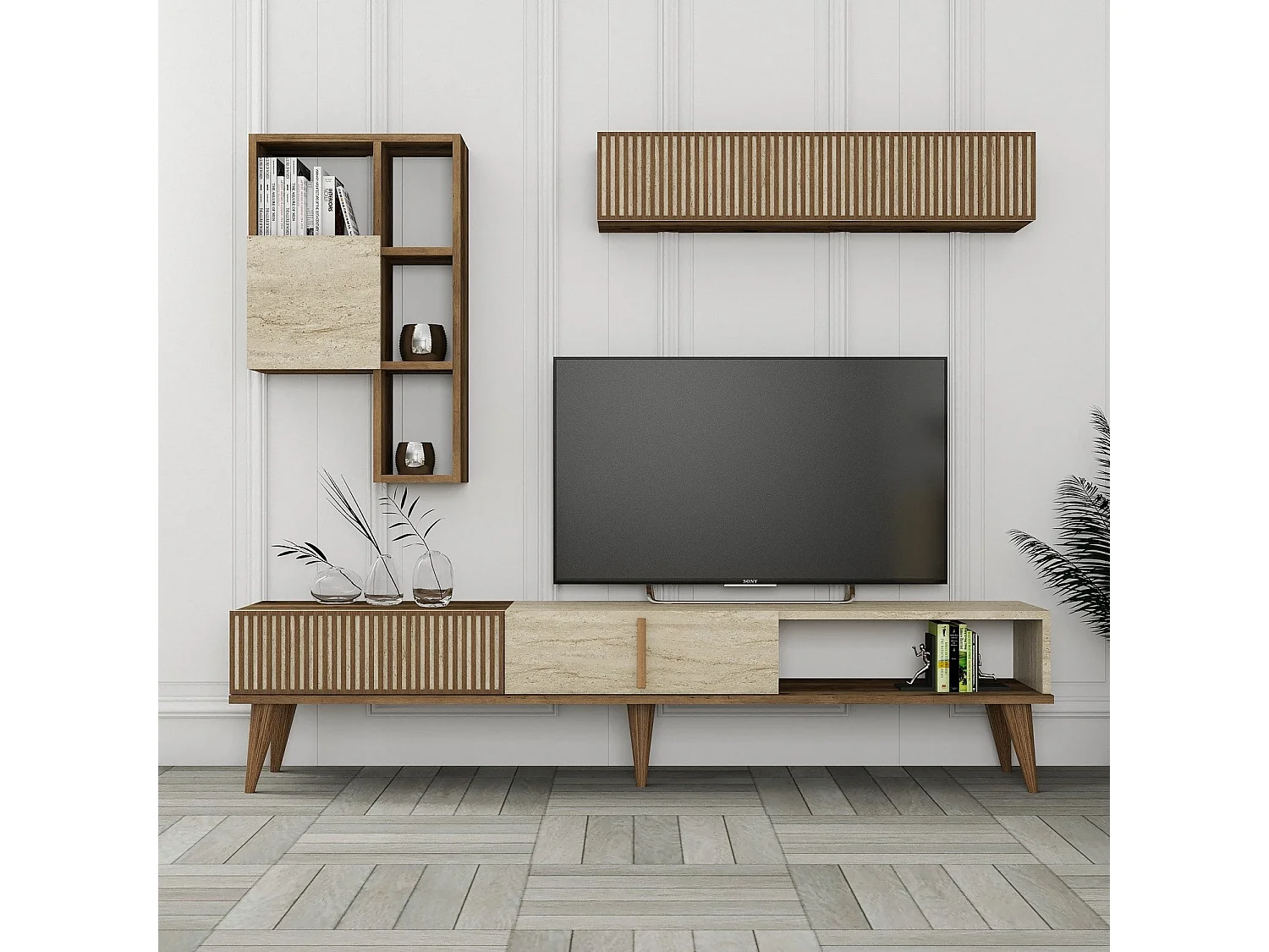 Meuble TV avec étagère murale – 180 cm – Noyer et Travertin – Panneau de particules mélaminé