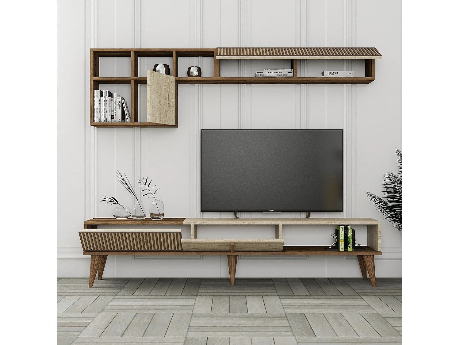 Meuble TV avec étagère murale – 180 cm – Noyer et Travertin – Panneau de particules mélaminé