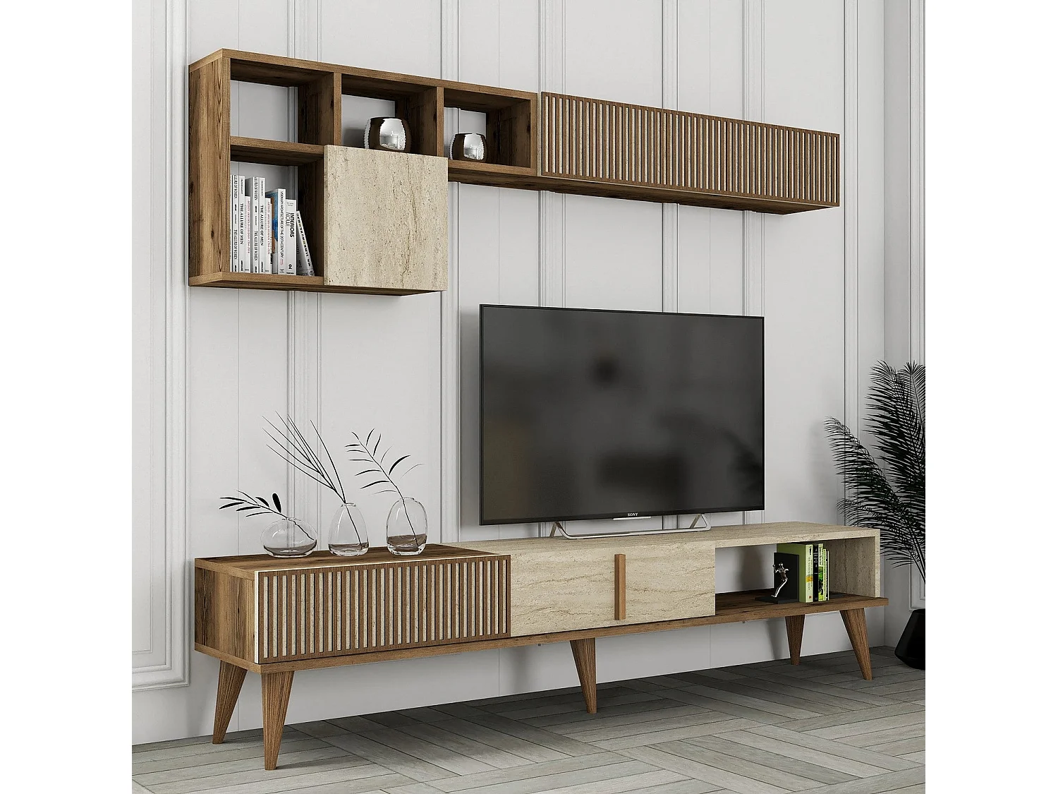 Meuble TV avec étagère murale – 180 cm – Noyer et Travertin – Panneau de particules mélaminé