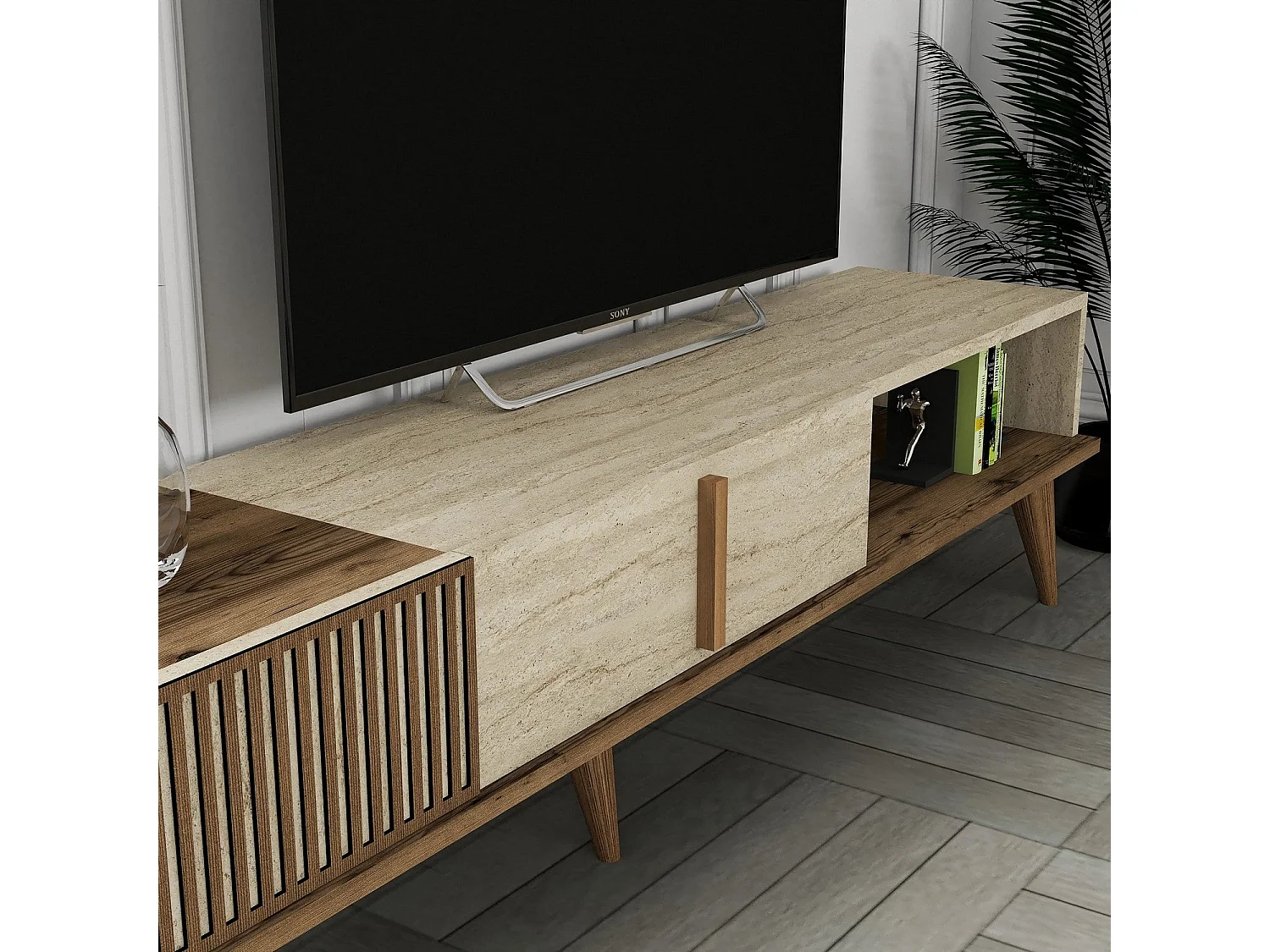 Meuble TV avec étagère murale – 180 cm – Noyer et Travertin – Panneau de particules mélaminé