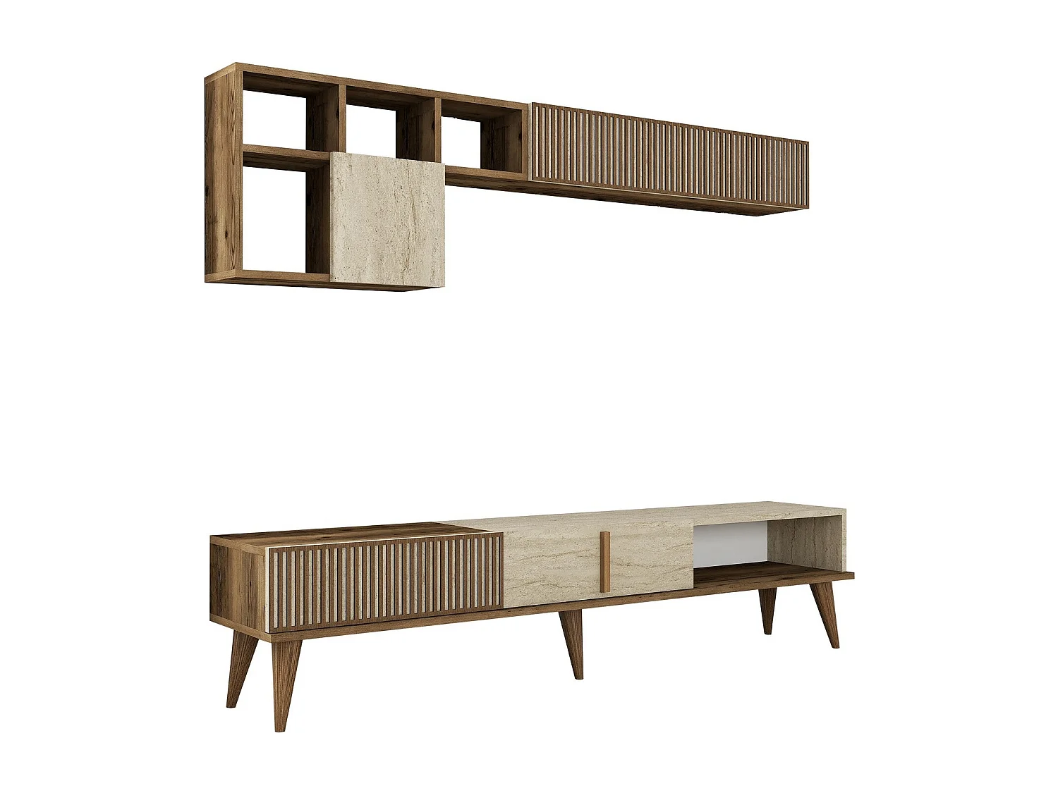 Meuble TV avec étagère murale – 180 cm – Noyer et Travertin – Panneau de particules mélaminé