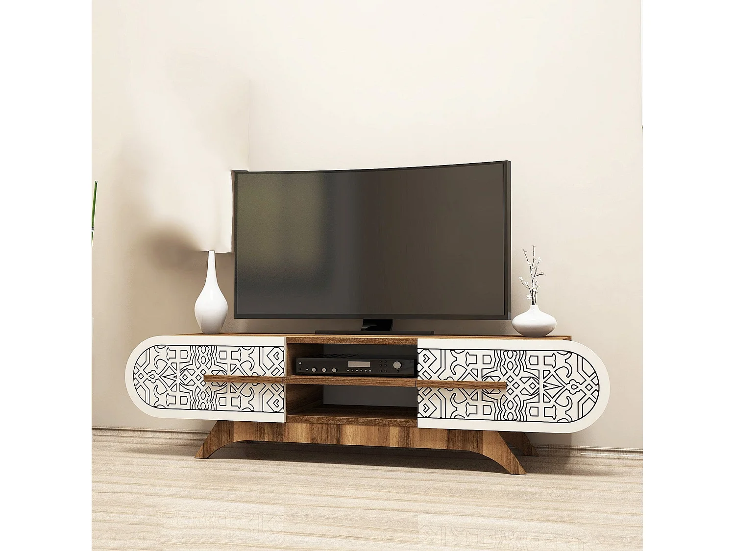 Stojak pod telewizor – 145 x 37 x 37 cm – Orzech i krem ​​– Płyta wiórowa pokryta melaminą