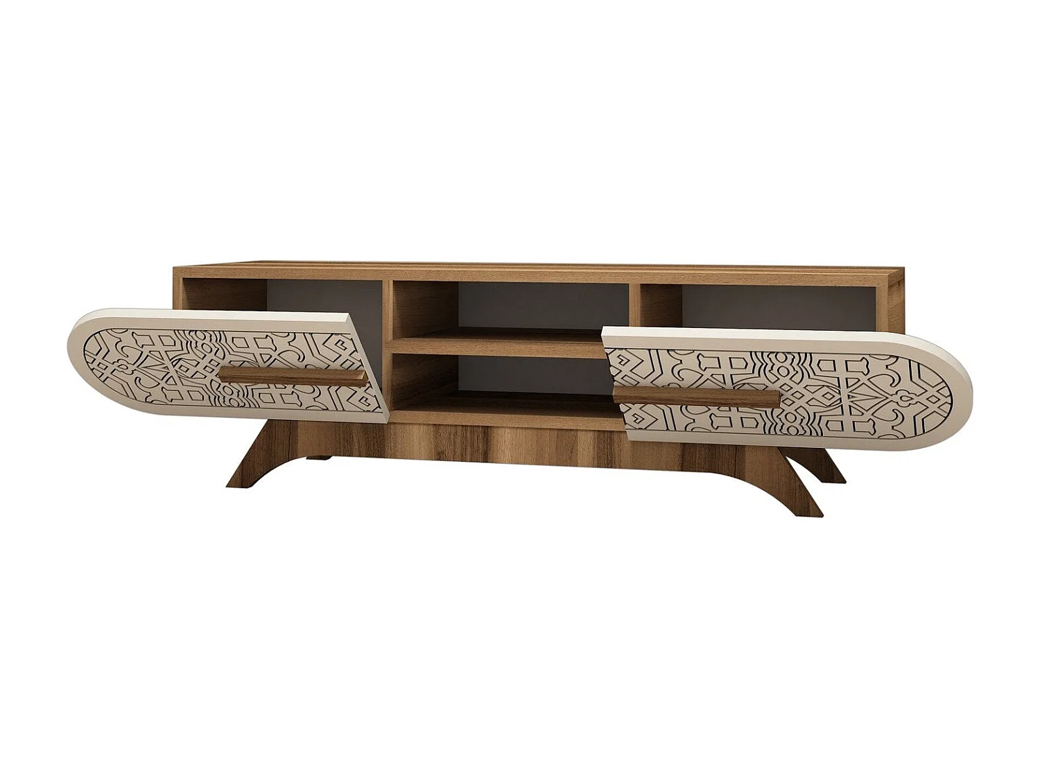 Stojak pod telewizor – 145 x 37 x 37 cm – Orzech i krem ​​– Płyta wiórowa pokryta melaminą