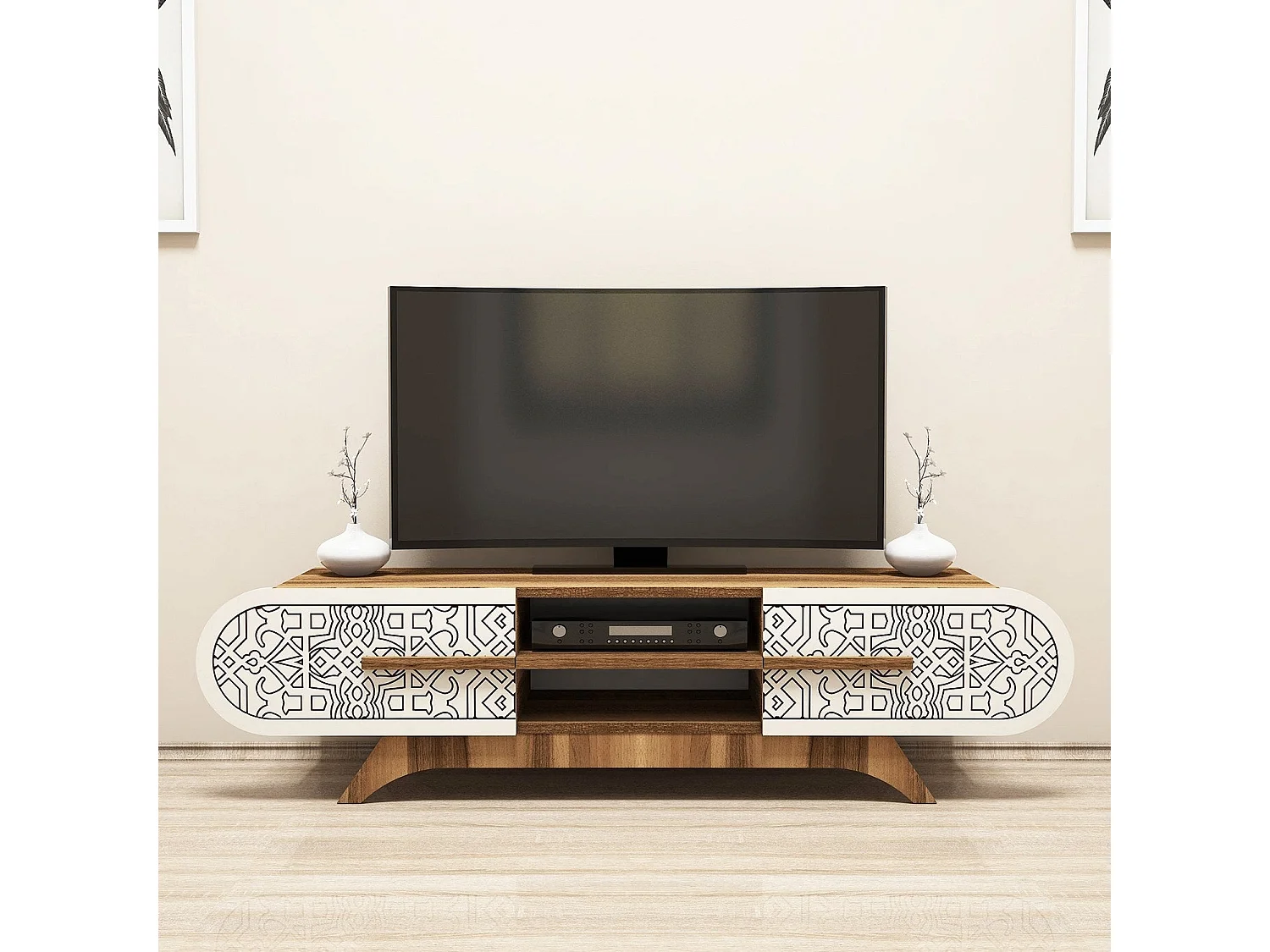 Stojak pod telewizor – 145 x 37 x 37 cm – Orzech i krem ​​– Płyta wiórowa pokryta melaminą